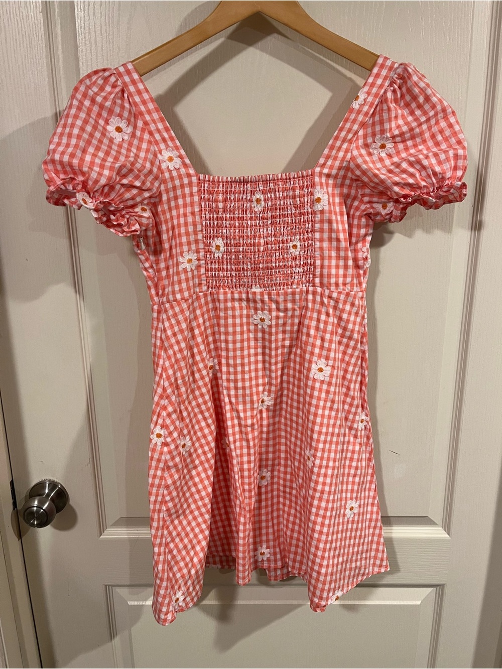 Altar'd State Coral Gingham Puff-Sleeve Mini Dress with Daisy Appliqués - Picture 7 of 9